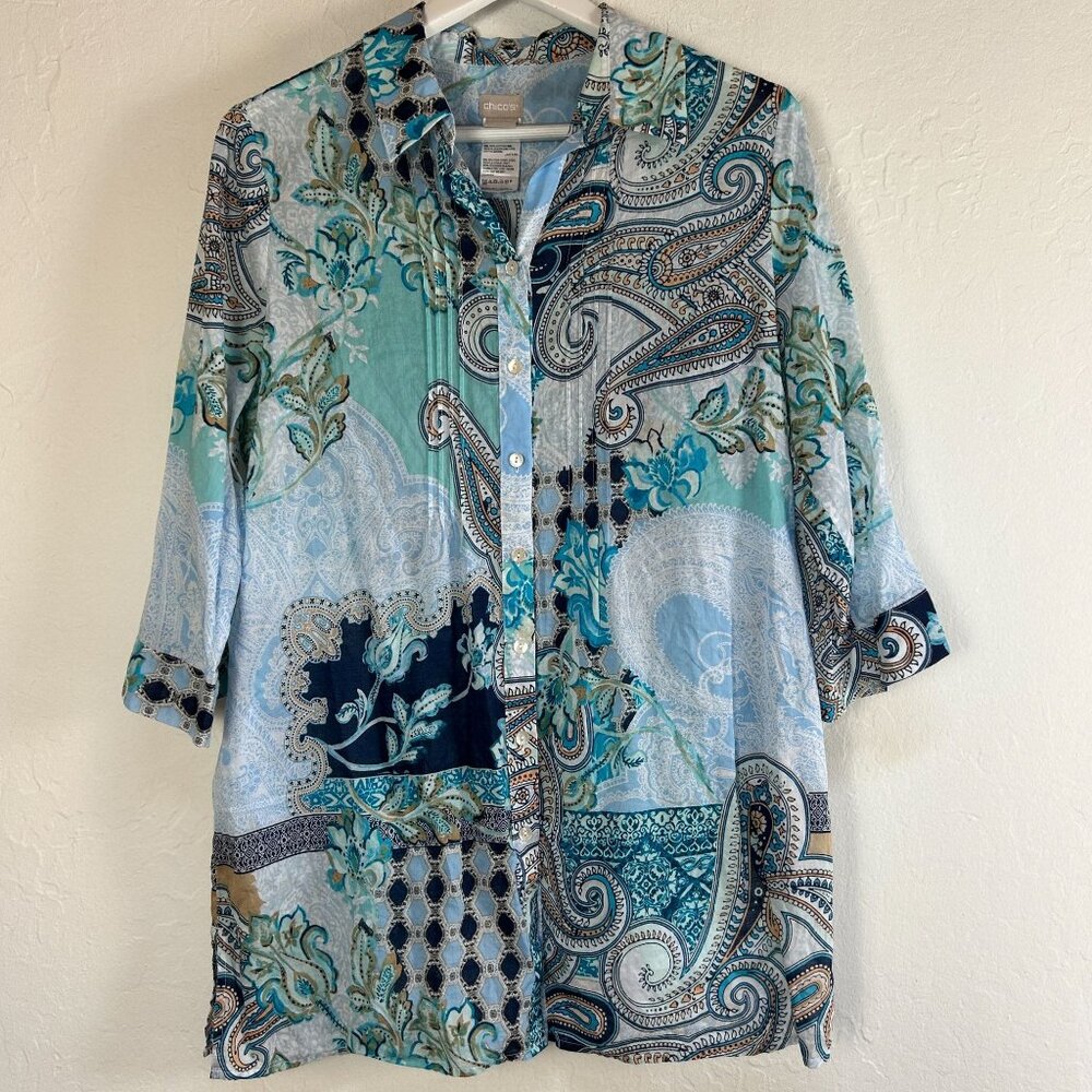 Chico's Womens Button-Down Paisley Tunic Shirt Size 2 US 12/14 Blue 100% Cotton